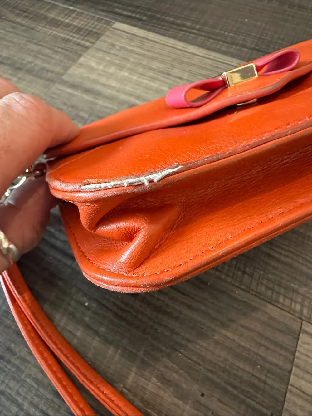 Tory Burch Leather Wristlet Wallet – Orange with Pink Bow Accent